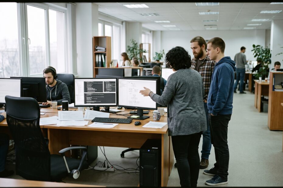 Dans un bureau, plusieurs personnes examinent des requêtes sur deux écrans posés sur un poste de travail.